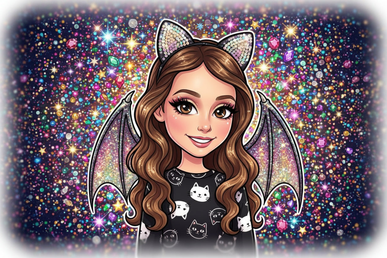 Illustration of a character with cat ears and wings against a glittery, multicolored background